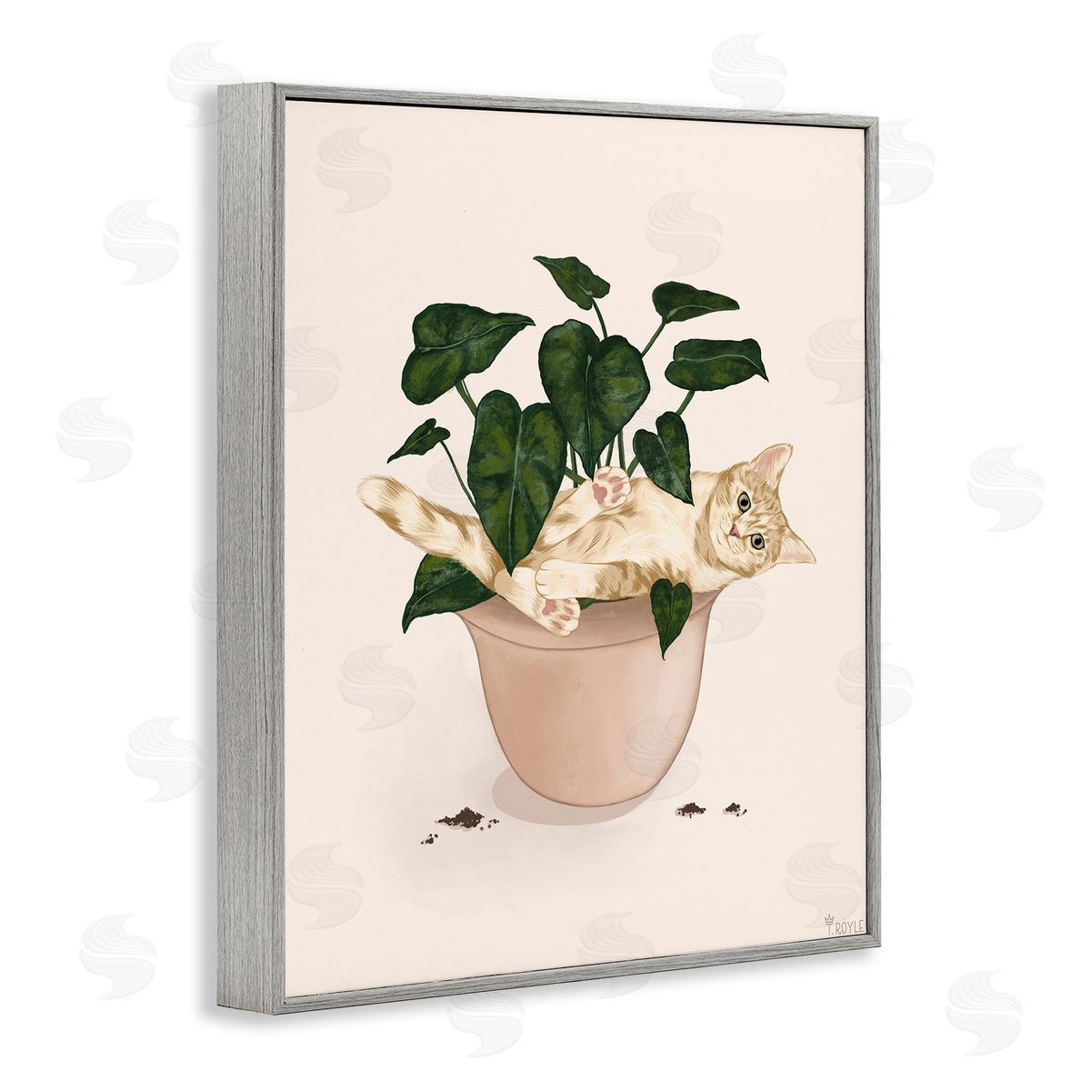 Funny Cat in House Plant Grey Frame Print Wall Art, Home Decor by Tara Royle