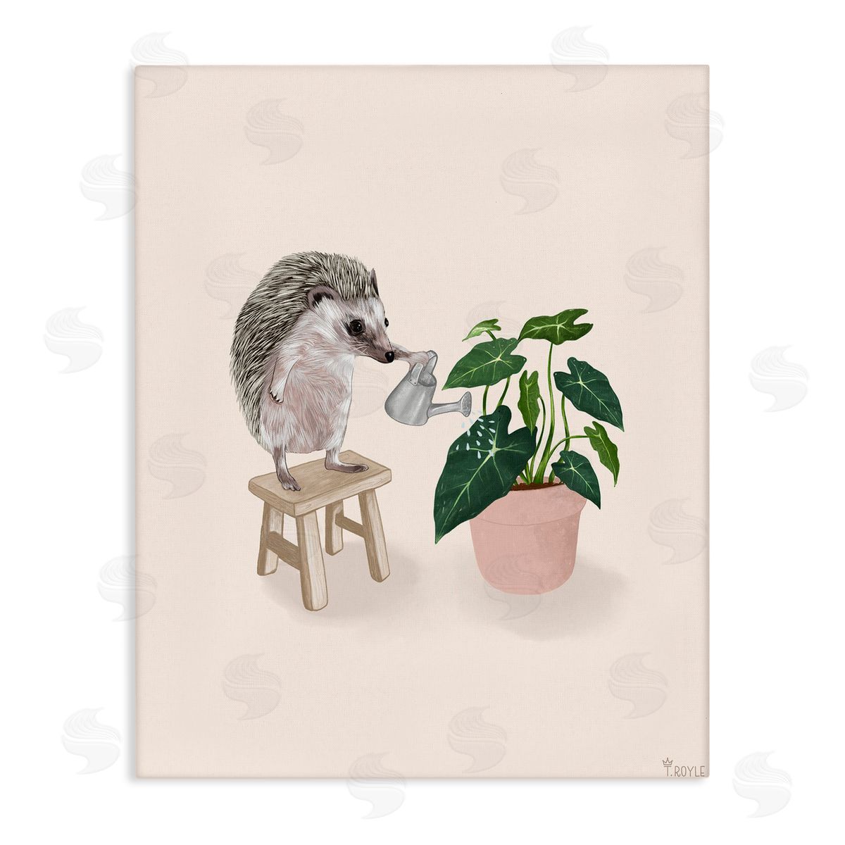 Hedgehog Watering Plant Canvas Wall Art, Home Decor by Tara Royle