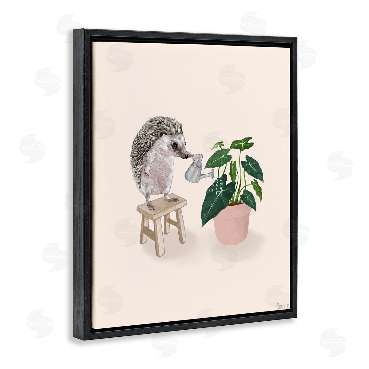 Hedgehog Watering Plant Black Floating Frame Canvas Wall Art, Home Decor by Tara Royle