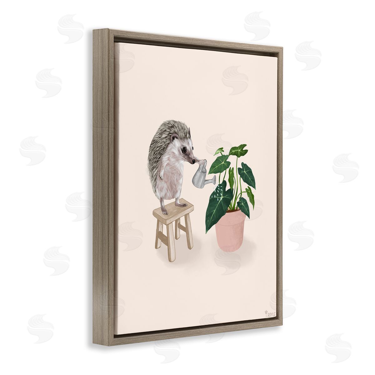 Hedgehog Watering Plant Brown Floating Frame Canvas Wall Art, Home Decor by Tara Royle
