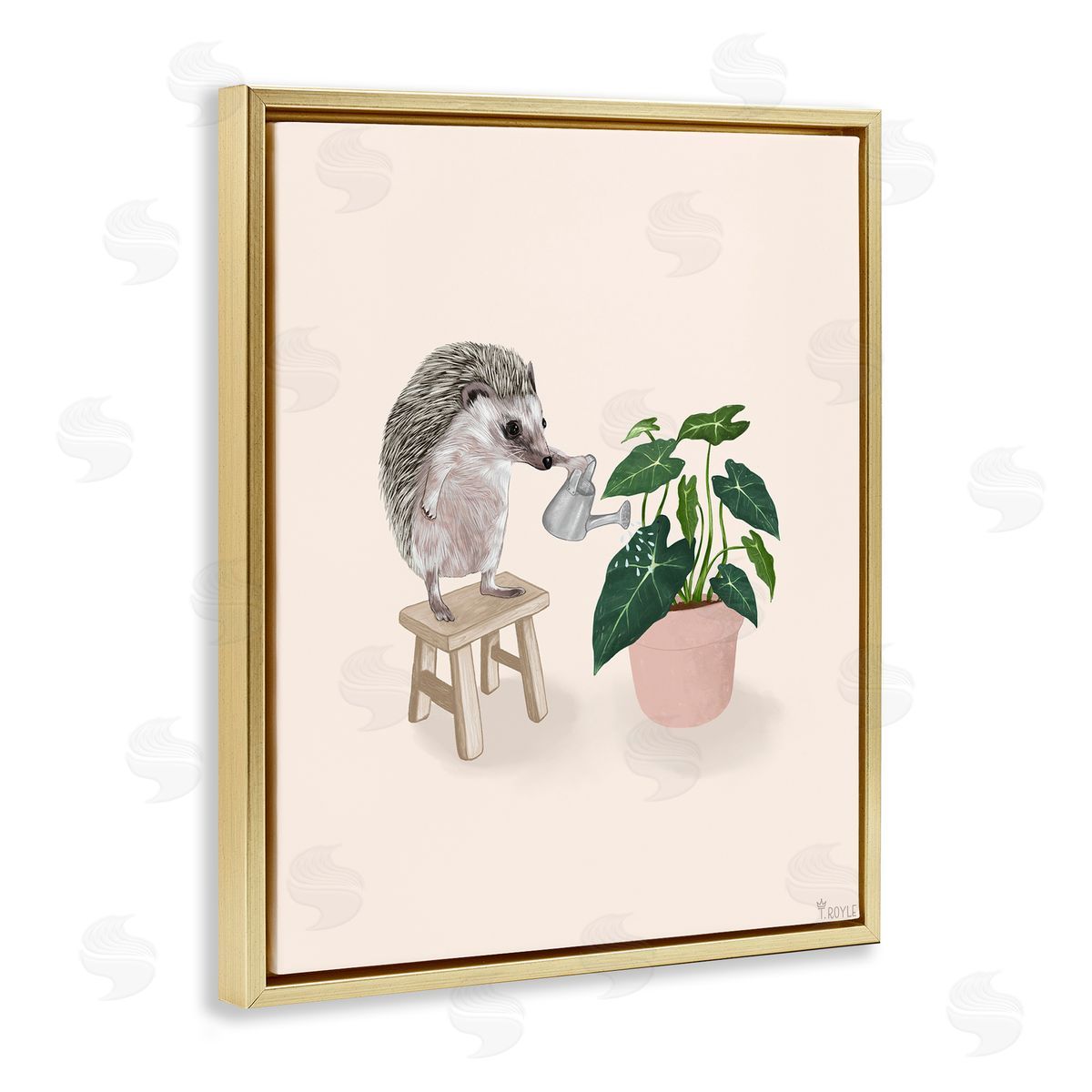 Hedgehog Watering Plant Gold Floating Frame Canvas Wall Art, Home Decor by Tara Royle
