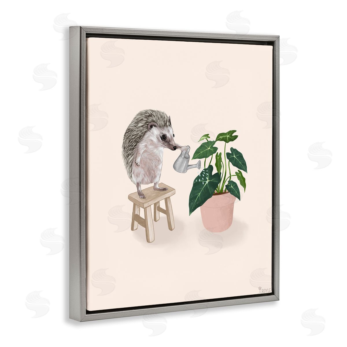 Hedgehog Watering Plant Grey Floating Frame Canvas Wall Art, Home Decor by Tara Royle