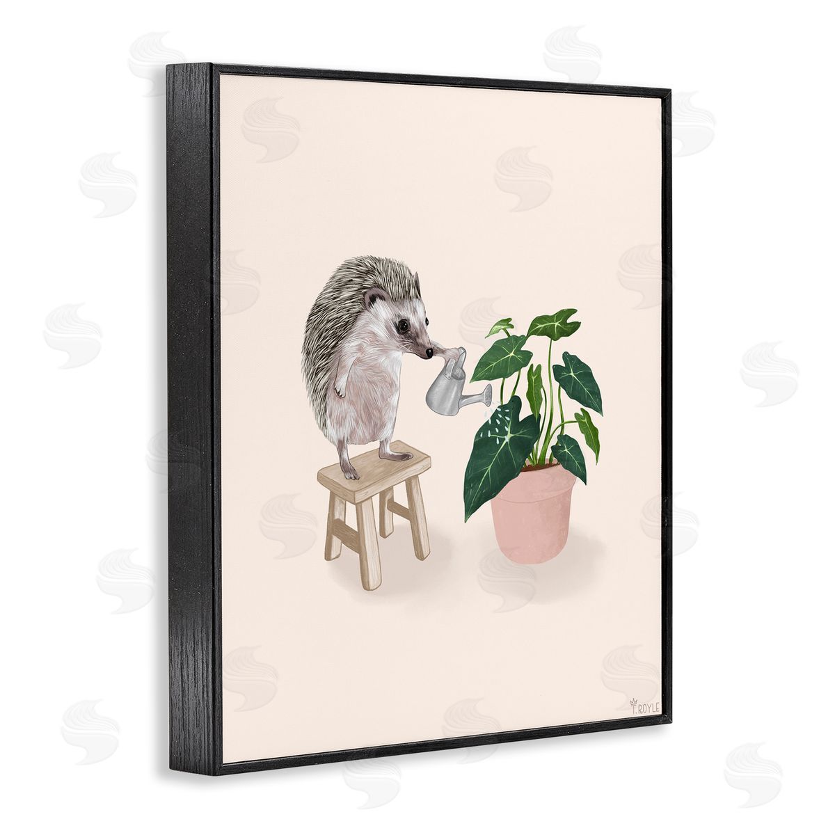 Hedgehog Watering Plant Black Frame Print Wall Art, Home Decor by Tara Royle
