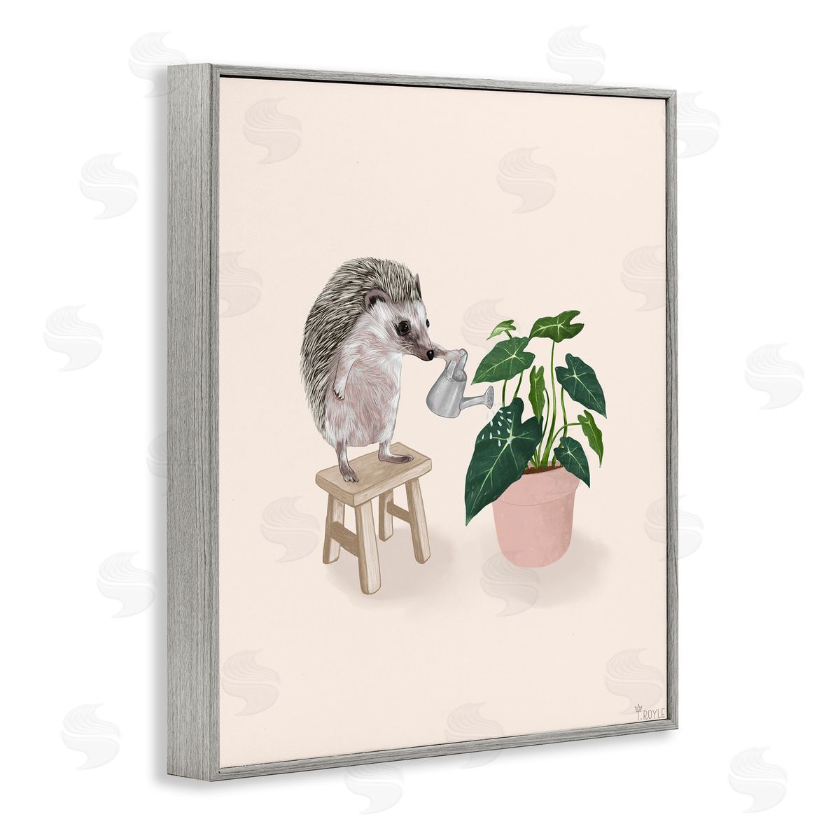 Hedgehog Watering Plant Grey Frame Print Wall Art, Home Decor by Tara Royle