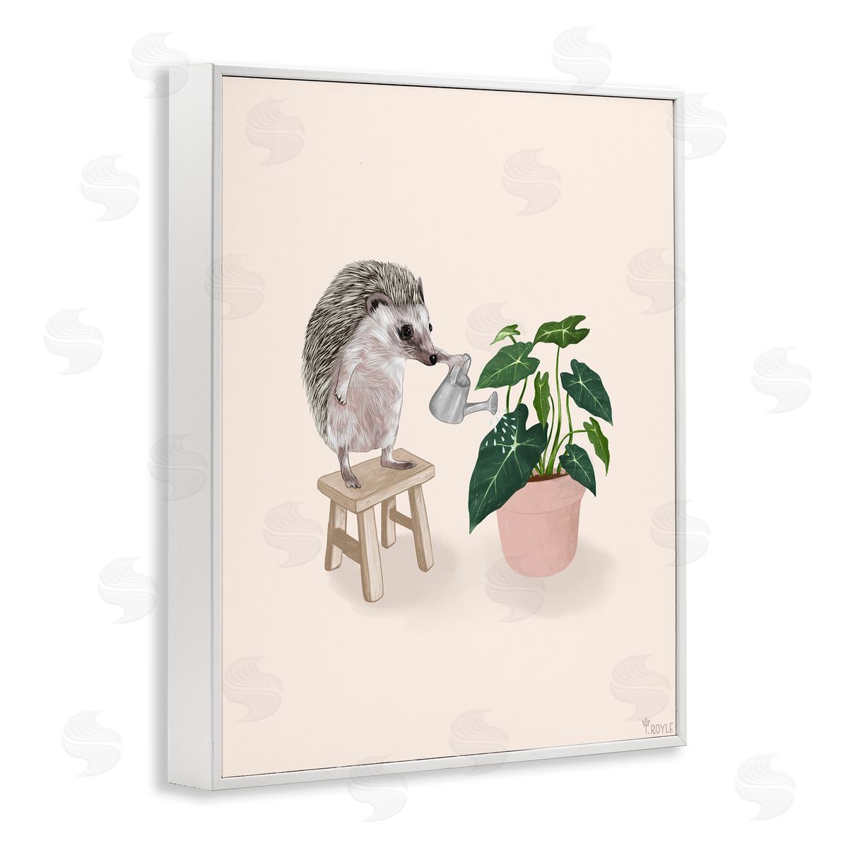 Hedgehog Watering Plant White Frame Print Wall Art, Home Decor by Tara Royle