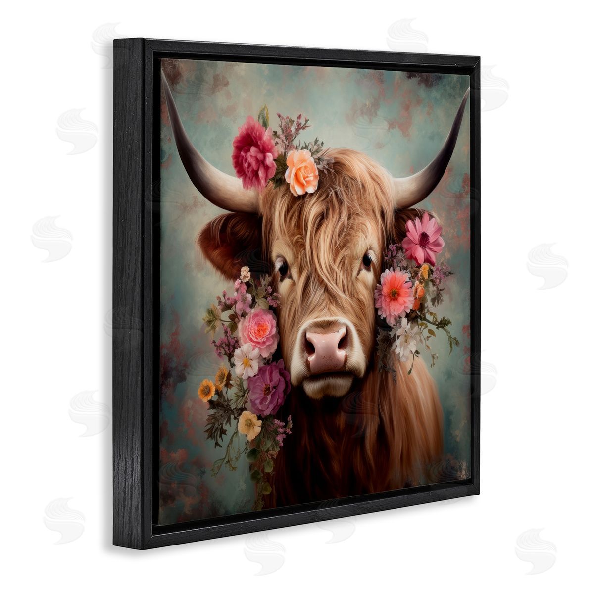 Cattle with Gerbera Daisies Black Floating Frame Canvas Wall Art, Home Decor by Irena Orlov