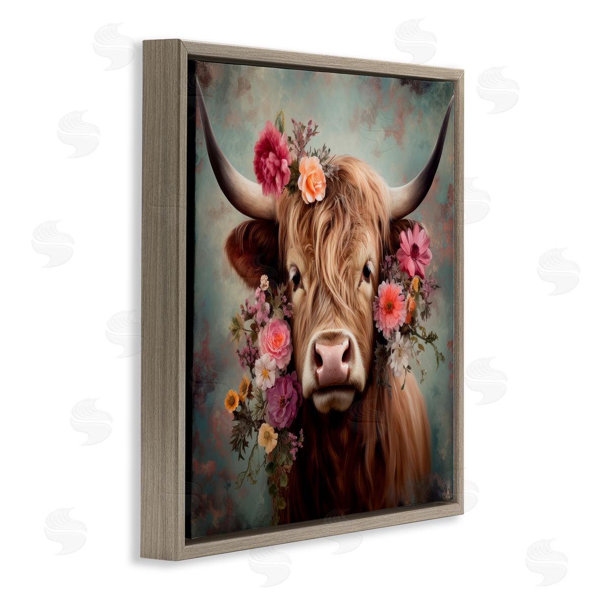 Cattle with Gerbera Daisies Brown Floating Frame Canvas Wall Art, Home Decor by Irena Orlov