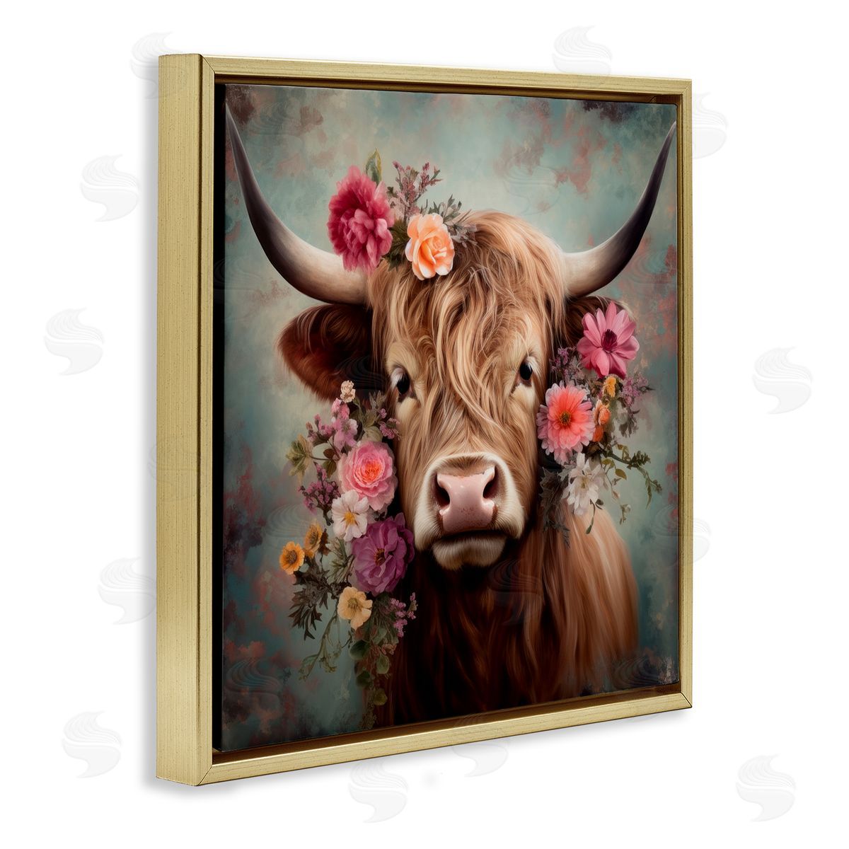 Cattle with Gerbera Daisies Gold Floating Frame Canvas Wall Art, Home Decor by Irena Orlov