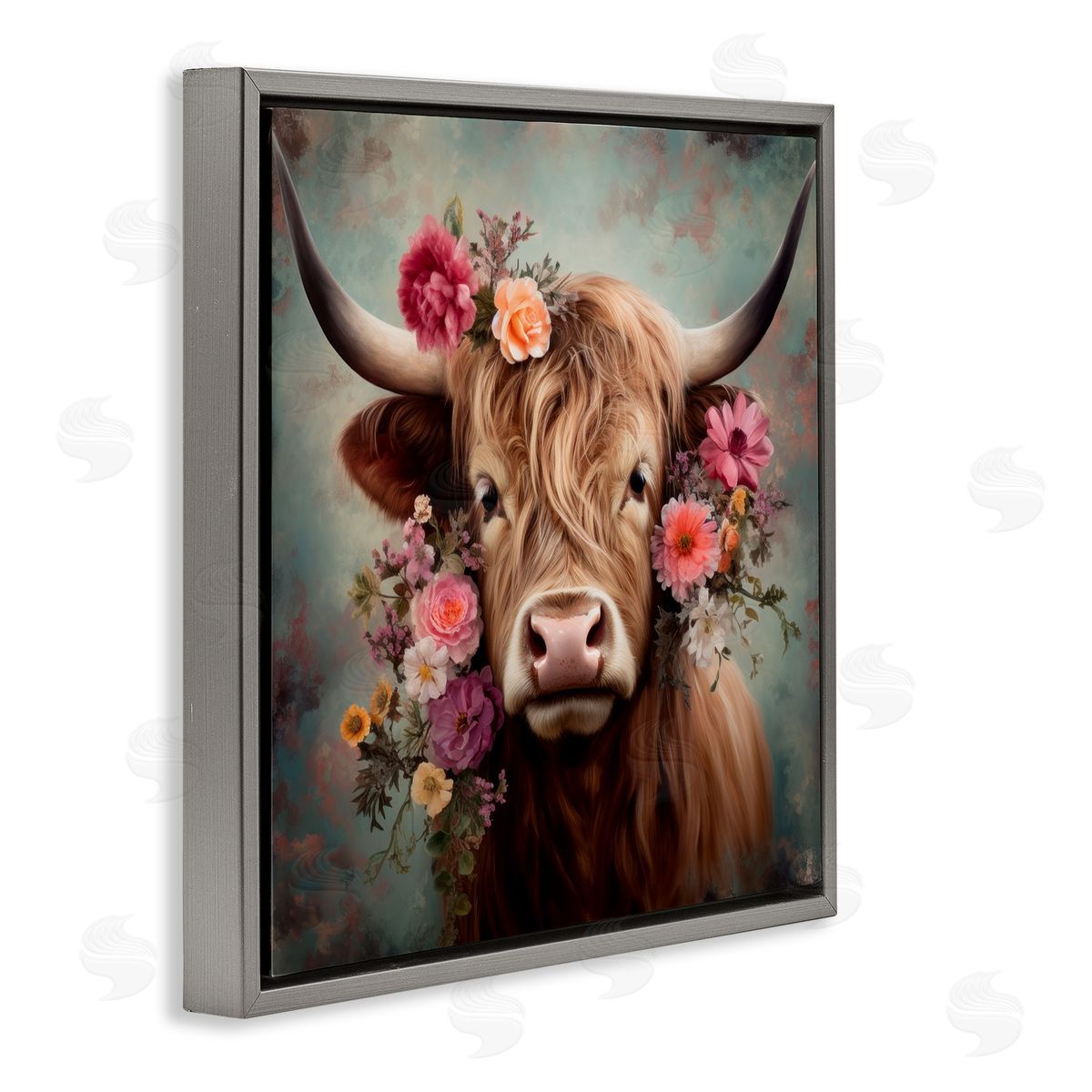 Cattle with Gerbera Daisies Grey Floating Frame Canvas Wall Art, Home Decor by Irena Orlov