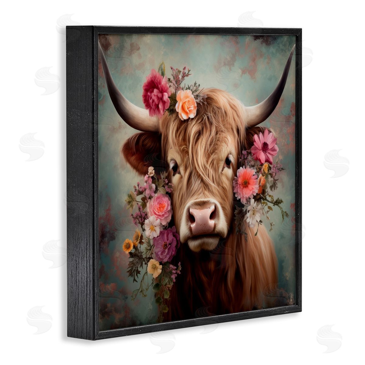Cattle with Gerbera Daisies Black Frame Print Wall Art, Home Decor by Irena Orlov