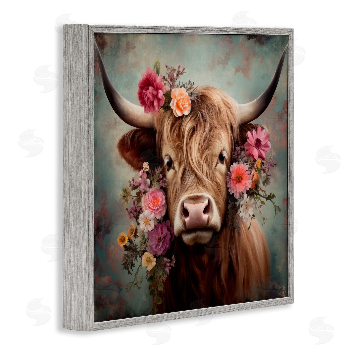 Cattle with Gerbera Daisies Grey Frame Print Wall Art, Home Decor by Irena Orlov