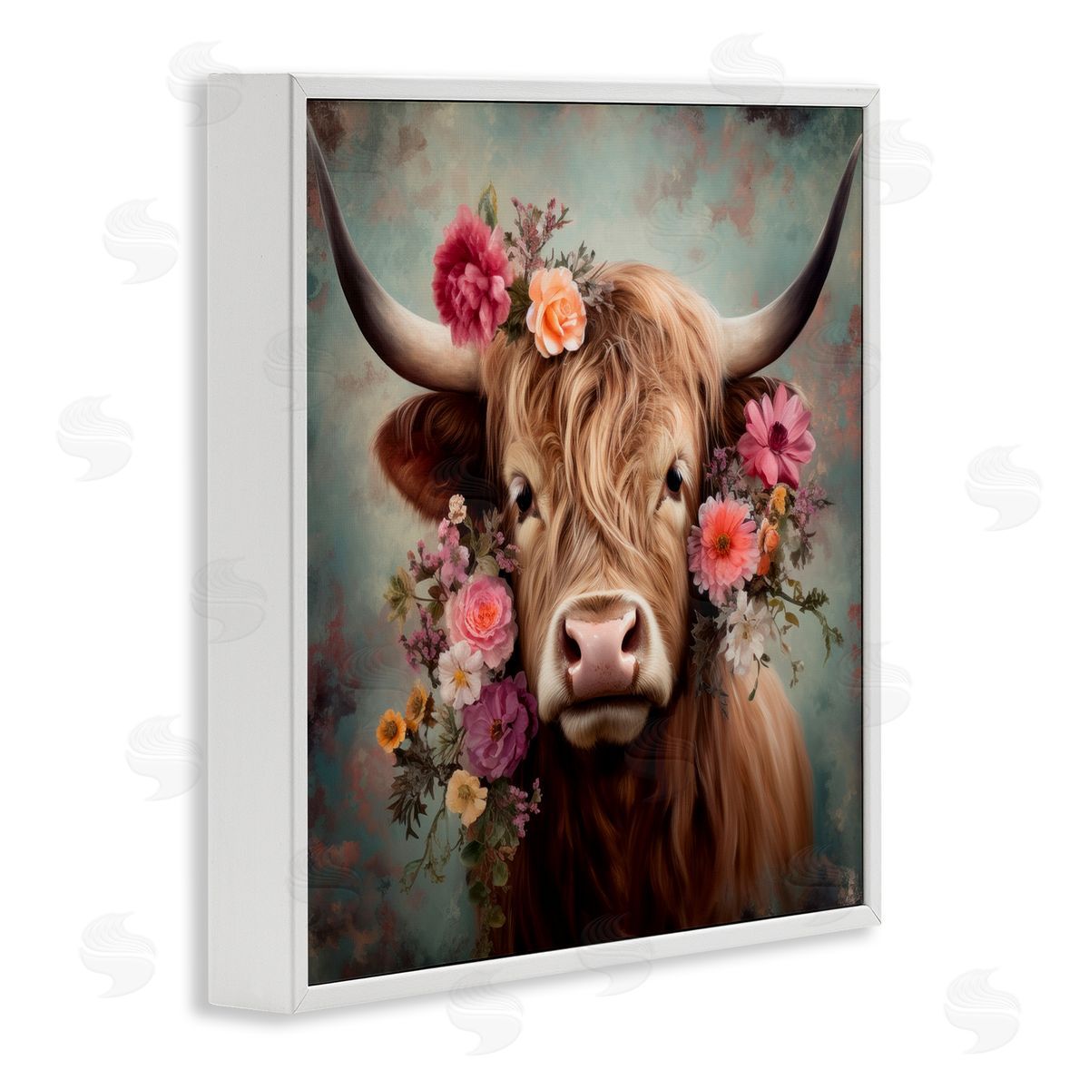 Cattle with Gerbera Daisies White Frame Print Wall Art, Home Decor by Irena Orlov