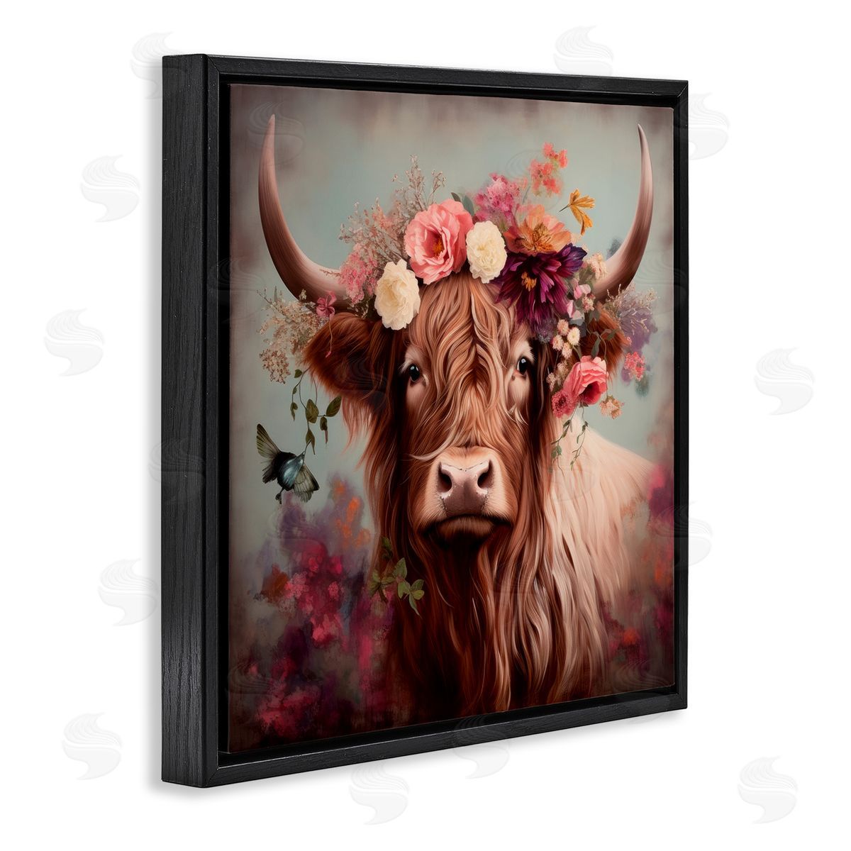 Longhorn and Flower Garland Black Floating Frame Canvas Wall Art, Home Decor by Irena Orlov