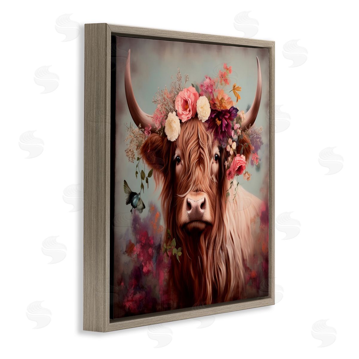 Longhorn and Flower Garland Brown Floating Frame Canvas Wall Art, Home Decor by Irena Orlov