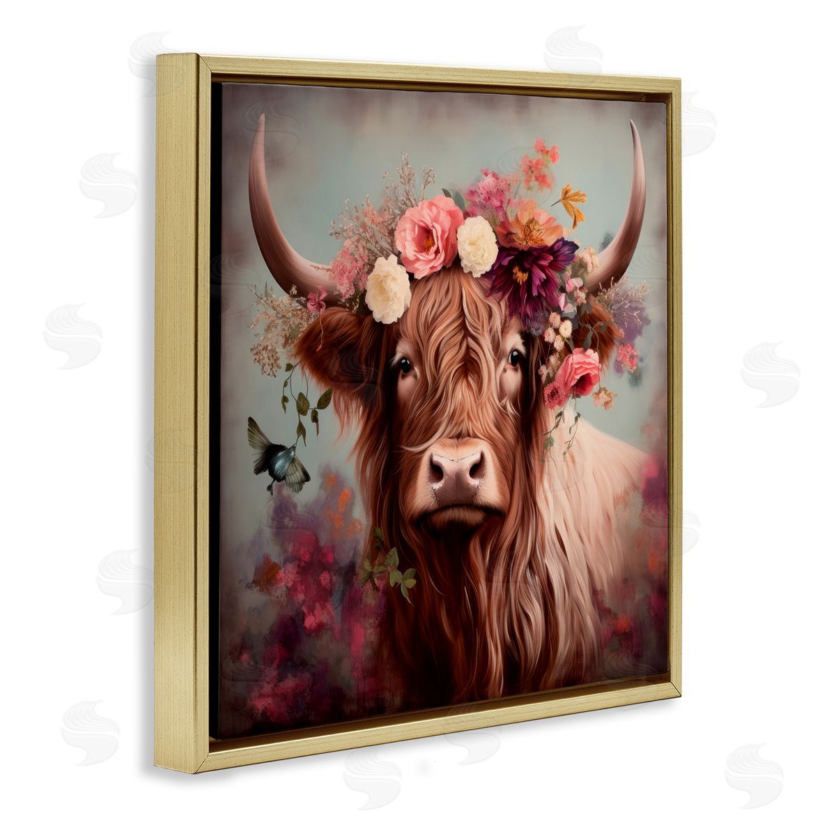 Longhorn and Flower Garland Gold Floating Frame Canvas Wall Art, Home Decor by Irena Orlov