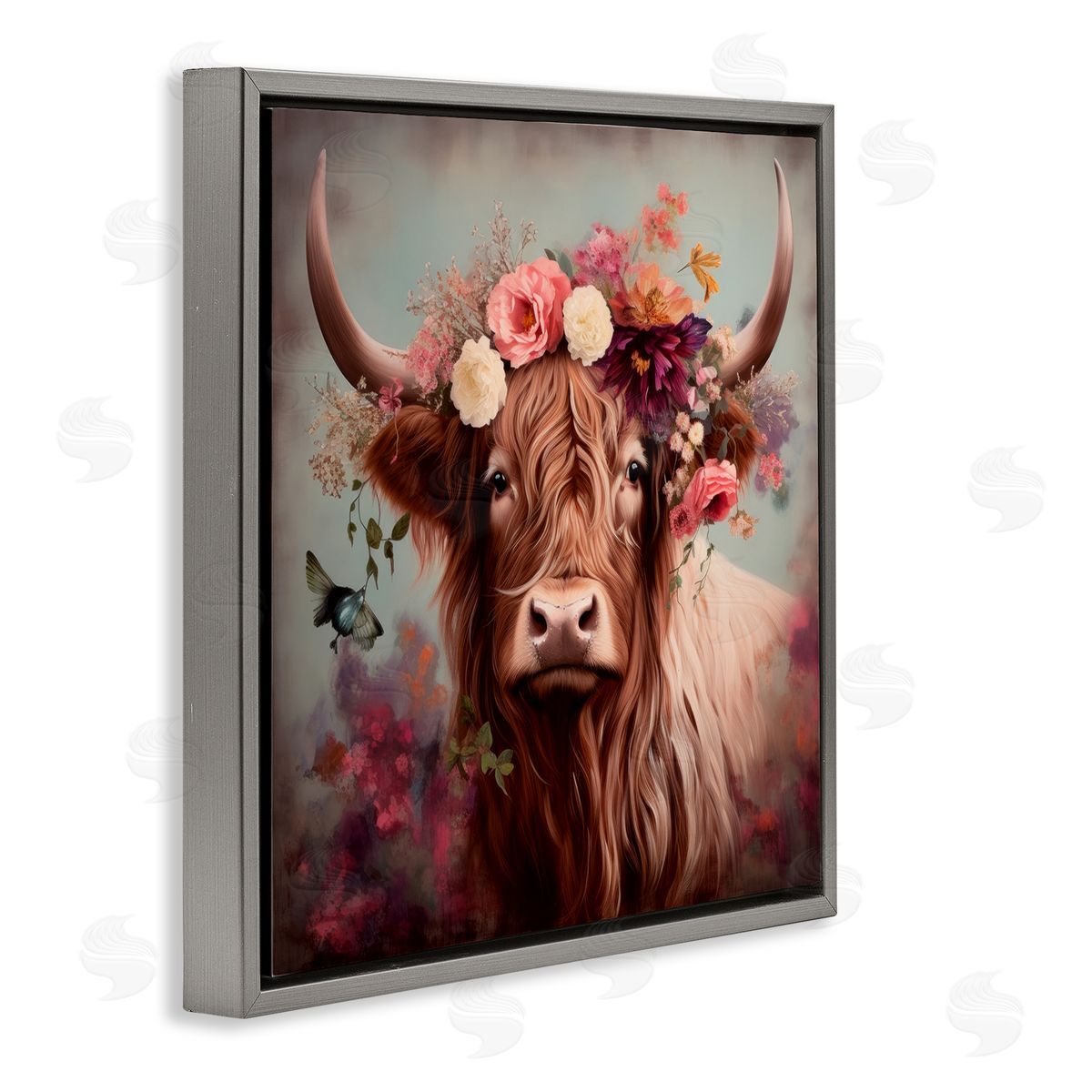 Longhorn and Flower Garland Grey Floating Frame Canvas Wall Art, Home Decor by Irena Orlov