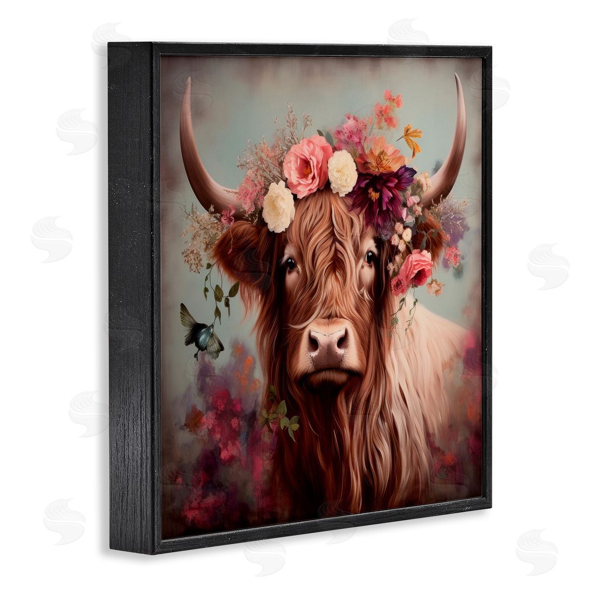 Longhorn and Flower Garland Black Frame Print Wall Art, Home Decor by Irena Orlov