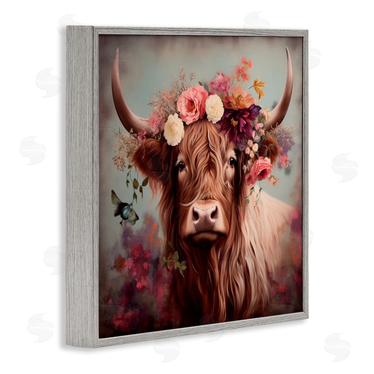Longhorn and Flower Garland Grey Frame Print Wall Art, Home Decor by Irena Orlov