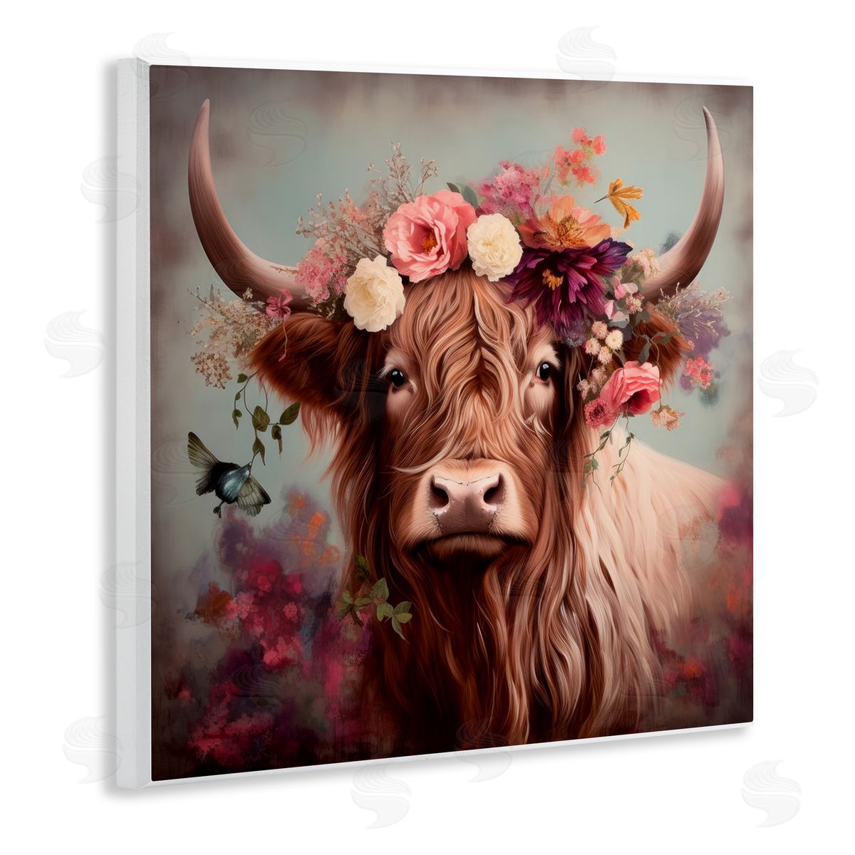 Longhorn and Flower Garland Wood Plaque Wall Art, Home Decor by Irena Orlov