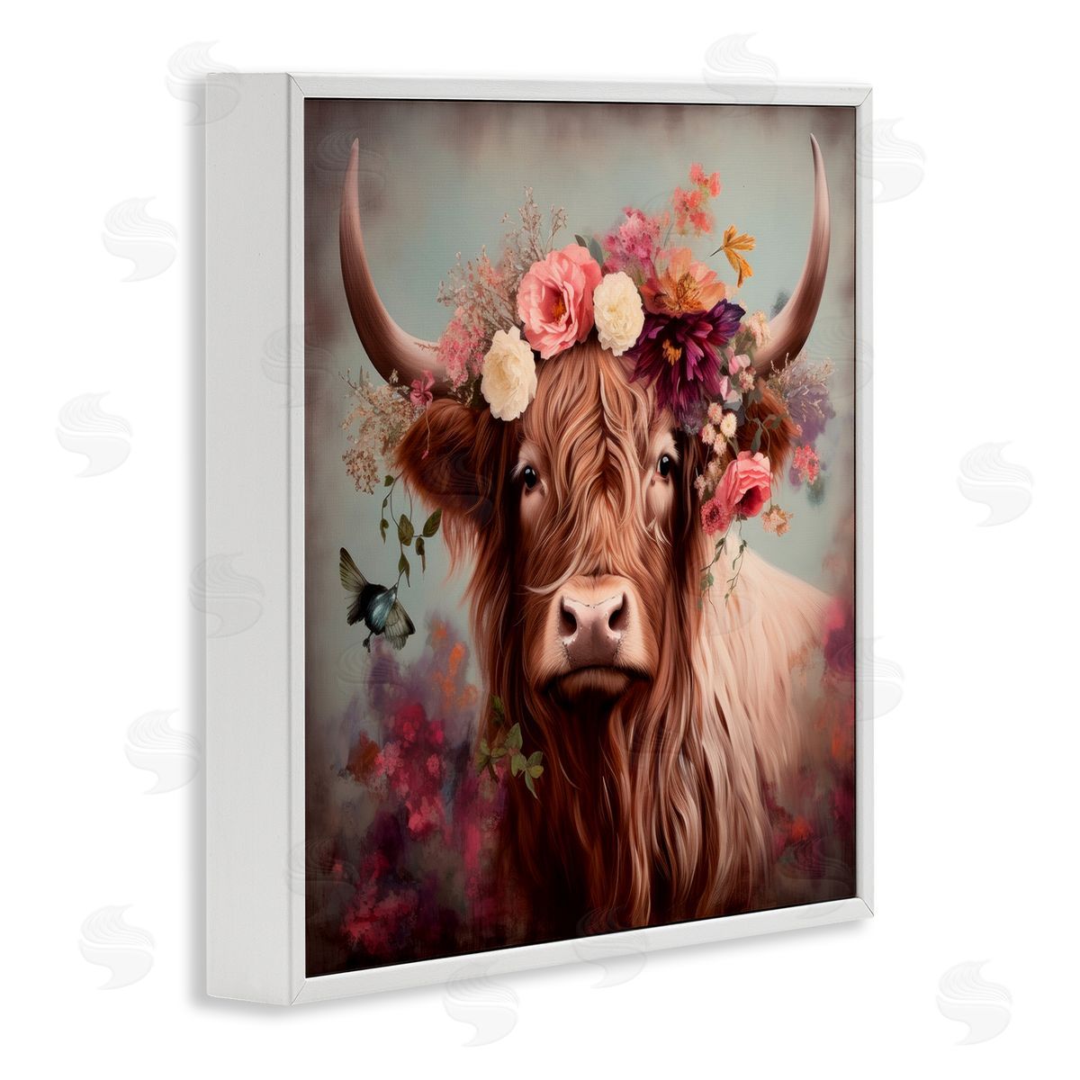 Longhorn and Flower Garland White Frame Print Wall Art, Home Decor by Irena Orlov