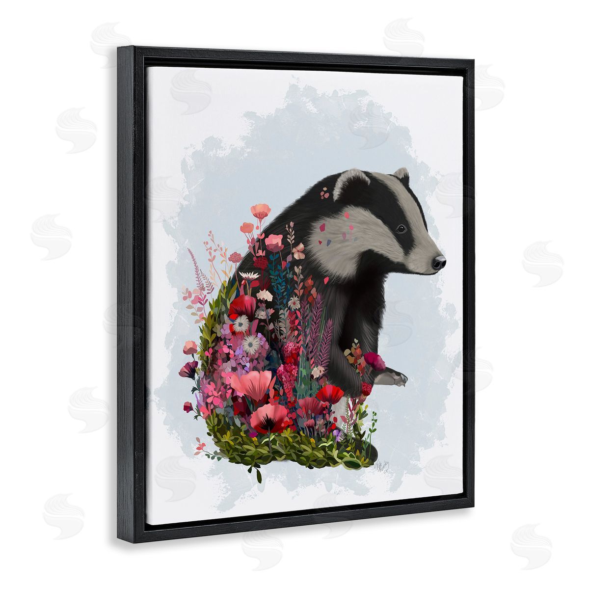 Badger with Garden Blooms Black Floating Frame Canvas Wall Art, Home Decor by Fab Funky