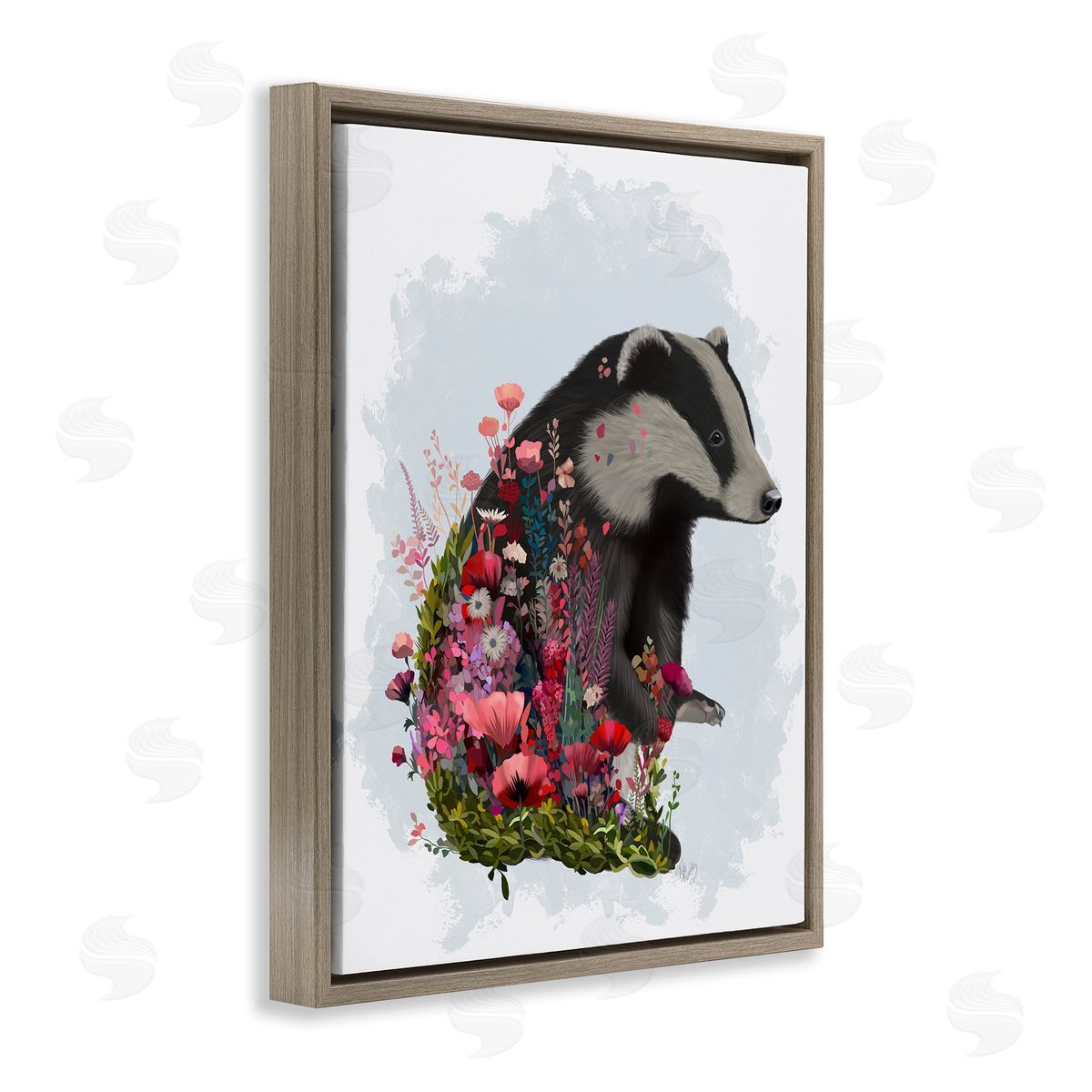 Badger with Garden Blooms Brown Floating Frame Canvas Wall Art, Home Decor by Fab Funky
