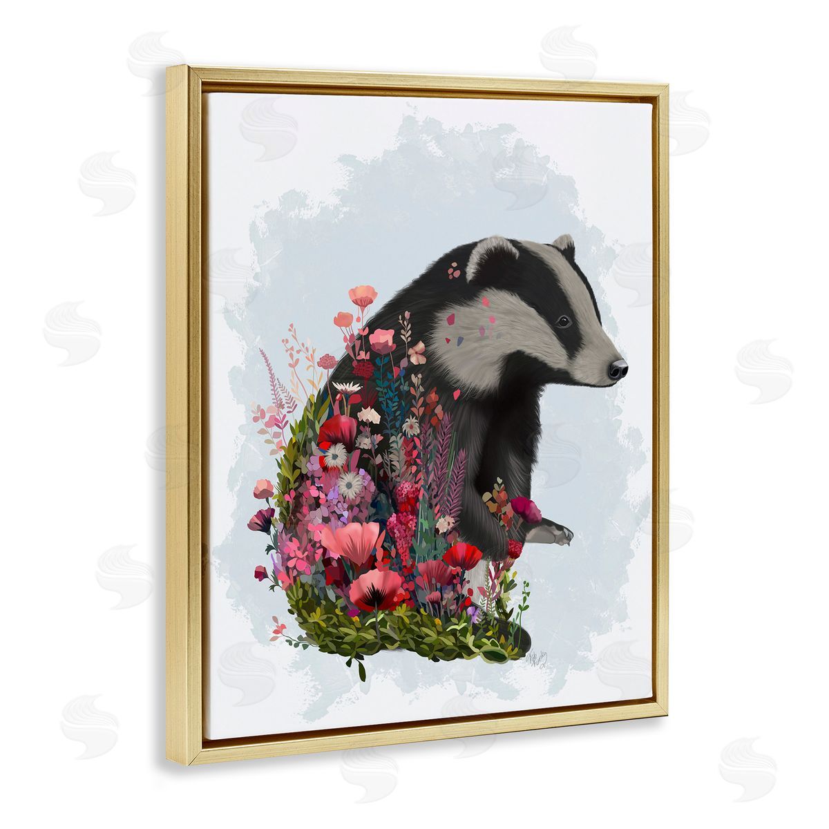 Badger with Garden Blooms Gold Floating Frame Canvas Wall Art, Home Decor by Fab Funky