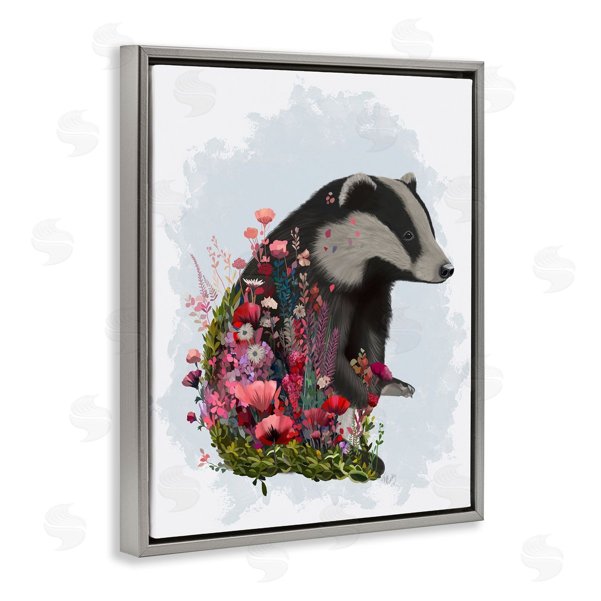 Badger with Garden Blooms Grey Floating Frame Canvas Wall Art, Home Decor by Fab Funky