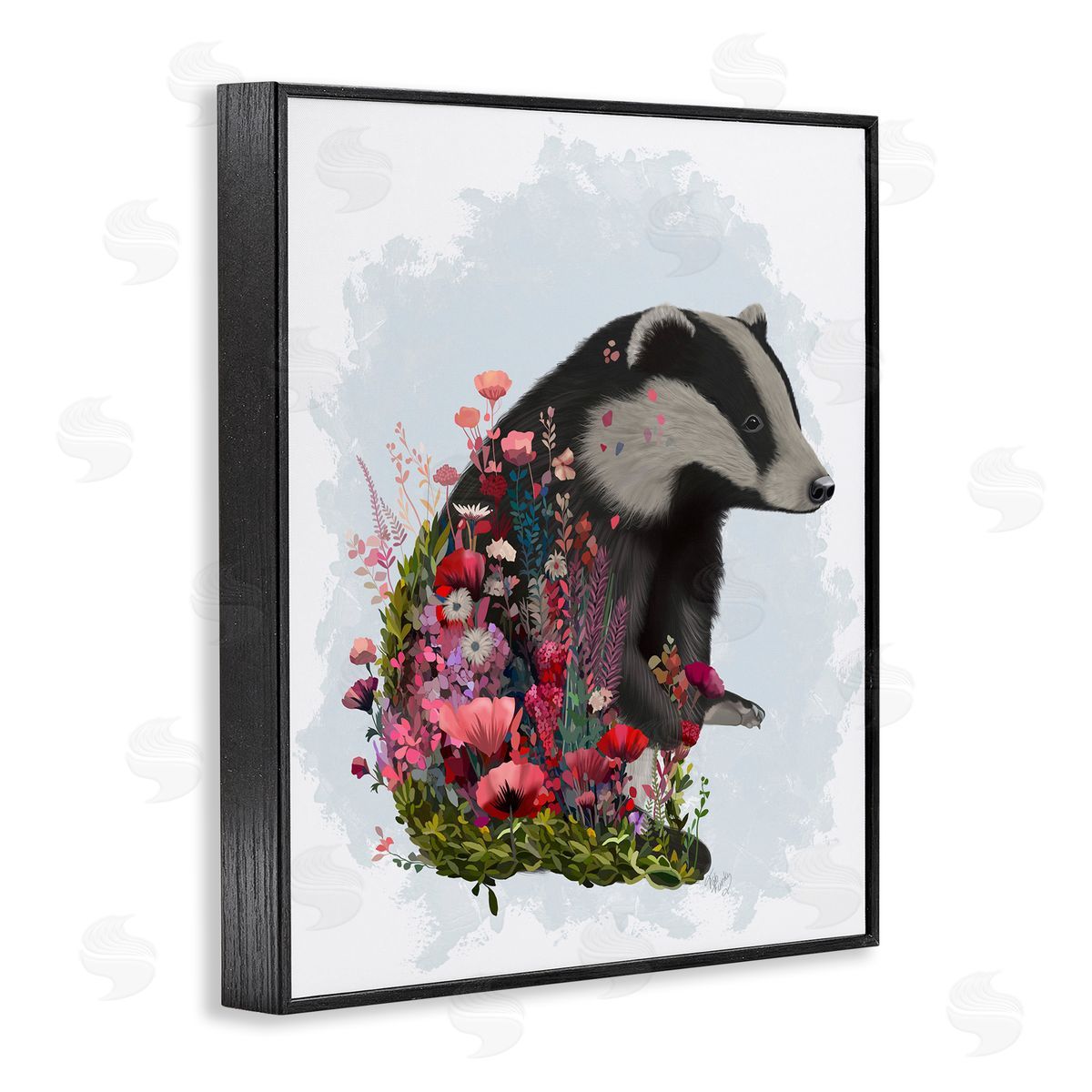 Badger with Garden Blooms Black Frame Print Wall Art, Home Decor by Fab Funky