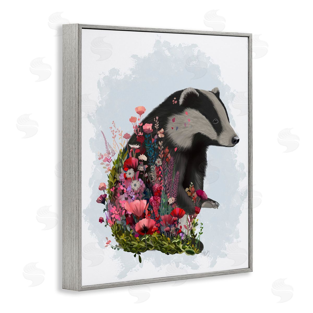 Badger with Garden Blooms Grey Frame Print Wall Art, Home Decor by Fab Funky