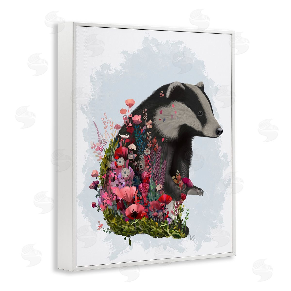 Badger with Garden Blooms White Frame Print Wall Art, Home Decor by Fab Funky