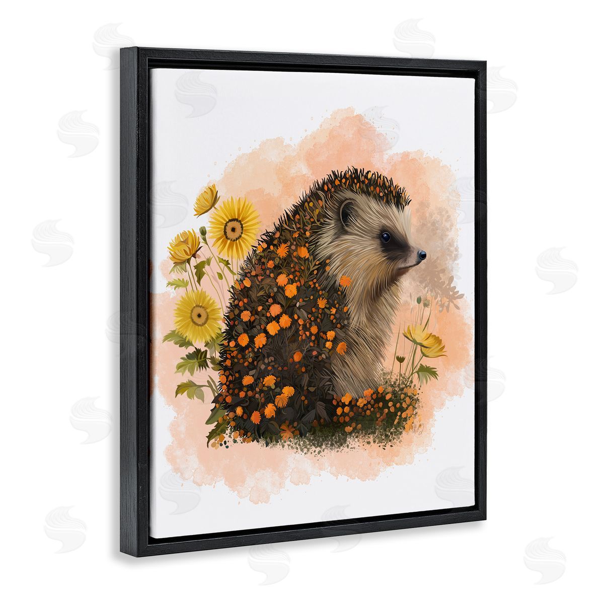 Wildflower Patterned Hedgehog Black Floating Frame Canvas Wall Art, Home Decor by Fab Funky