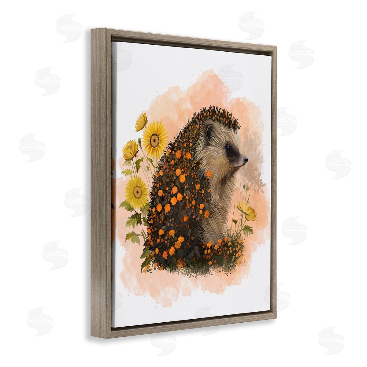 Wildflower Patterned Hedgehog Brown Floating Frame Canvas Wall Art, Home Decor by Fab Funky