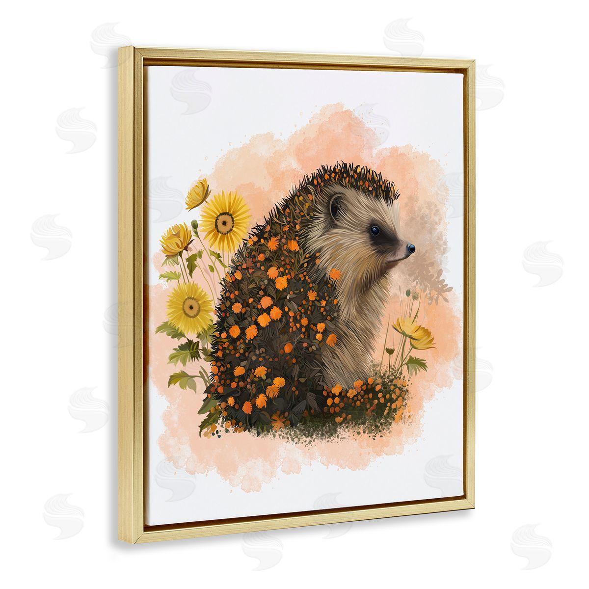 Wildflower Patterned Hedgehog Gold Floating Frame Canvas Wall Art, Home Decor by Fab Funky