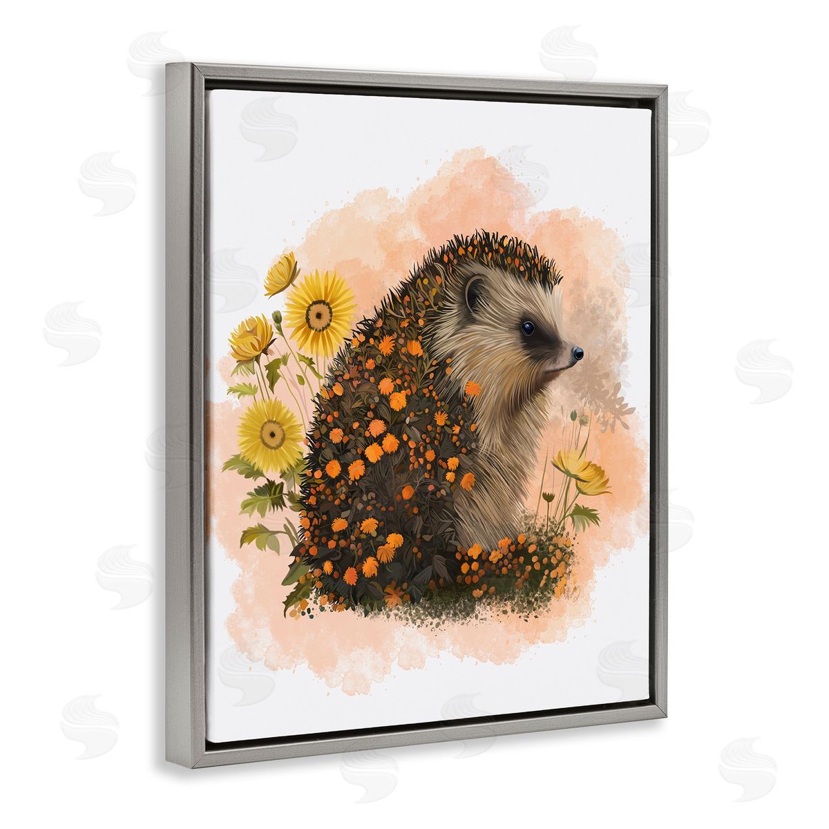 Wildflower Patterned Hedgehog Grey Floating Frame Canvas Wall Art, Home Decor by Fab Funky
