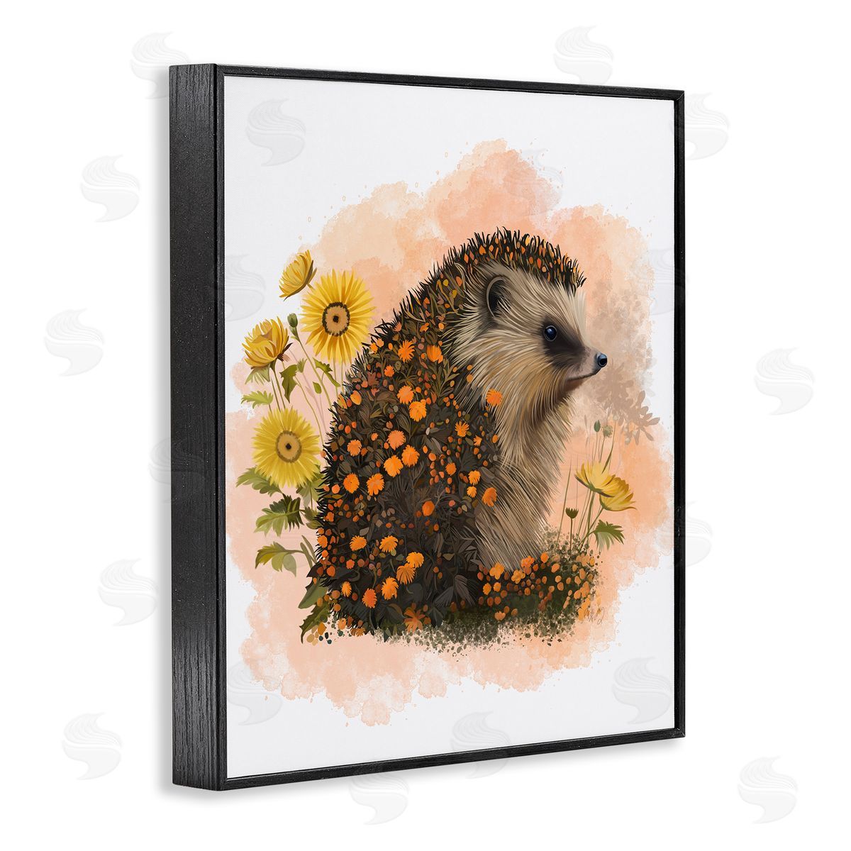 Wildflower Patterned Hedgehog Black Frame Print Wall Art, Home Decor by Fab Funky