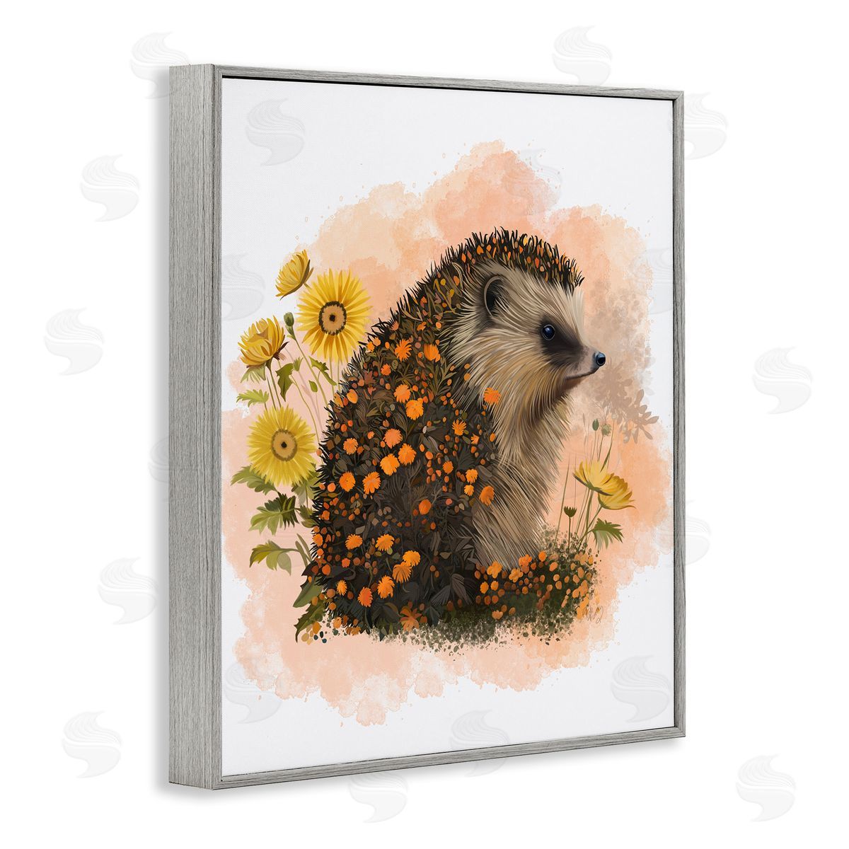 Wildflower Patterned Hedgehog Grey Frame Print Wall Art, Home Decor by Fab Funky