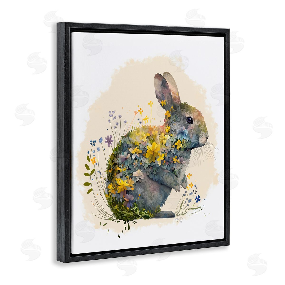 Rabbit with Buttercup Flowers Black Floating Frame Canvas Wall Art, Home Decor by Fab Funky