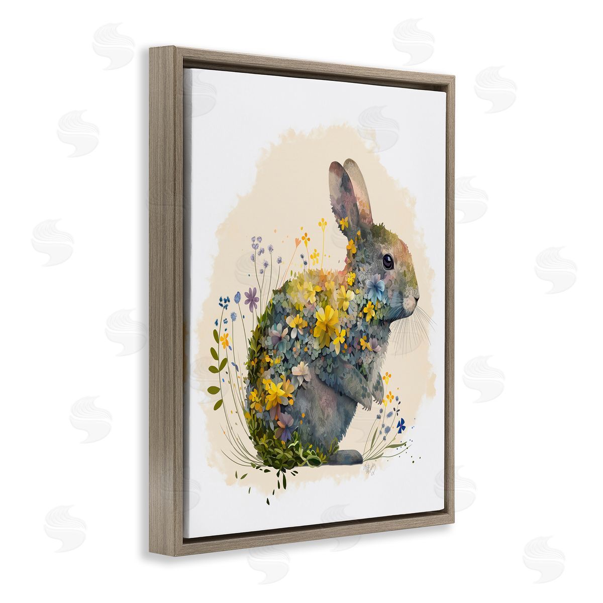 Rabbit with Buttercup Flowers Brown Floating Frame Canvas Wall Art, Home Decor by Fab Funky