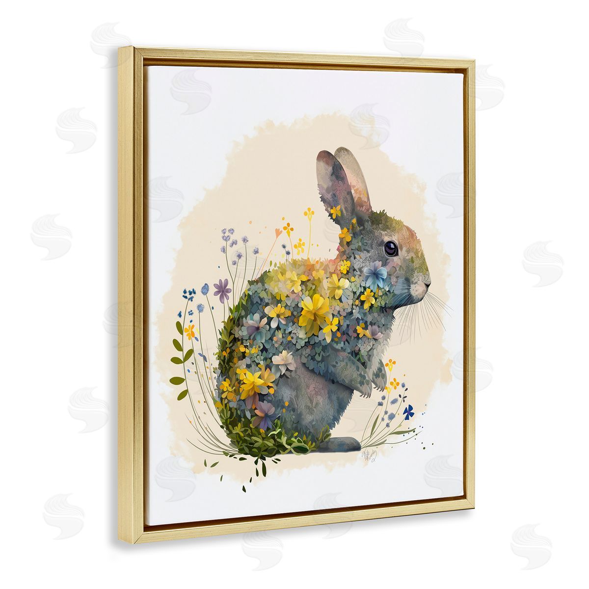 Rabbit with Buttercup Flowers Gold Floating Frame Canvas Wall Art, Home Decor by Fab Funky