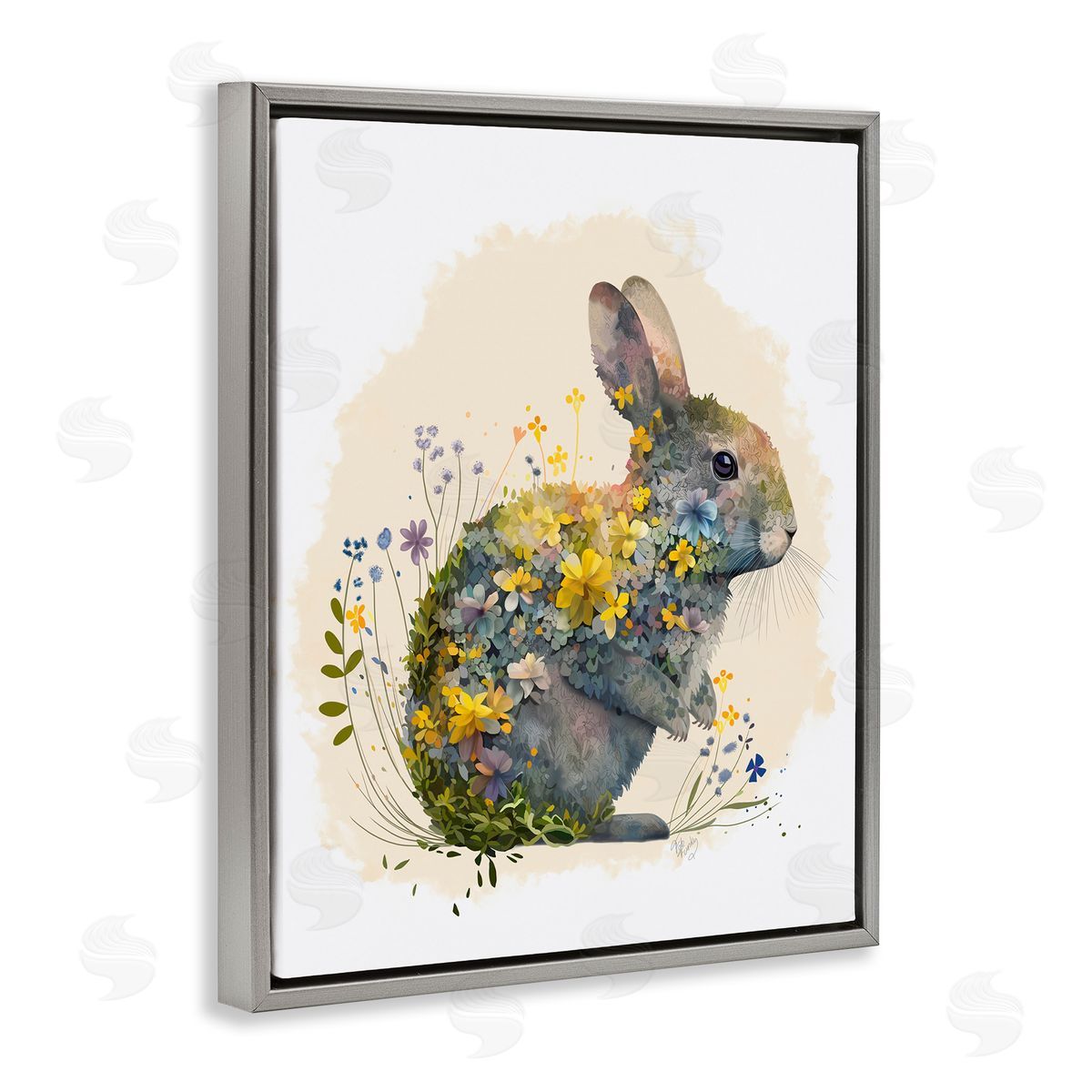 Rabbit with Buttercup Flowers Grey Floating Frame Canvas Wall Art, Home Decor by Fab Funky