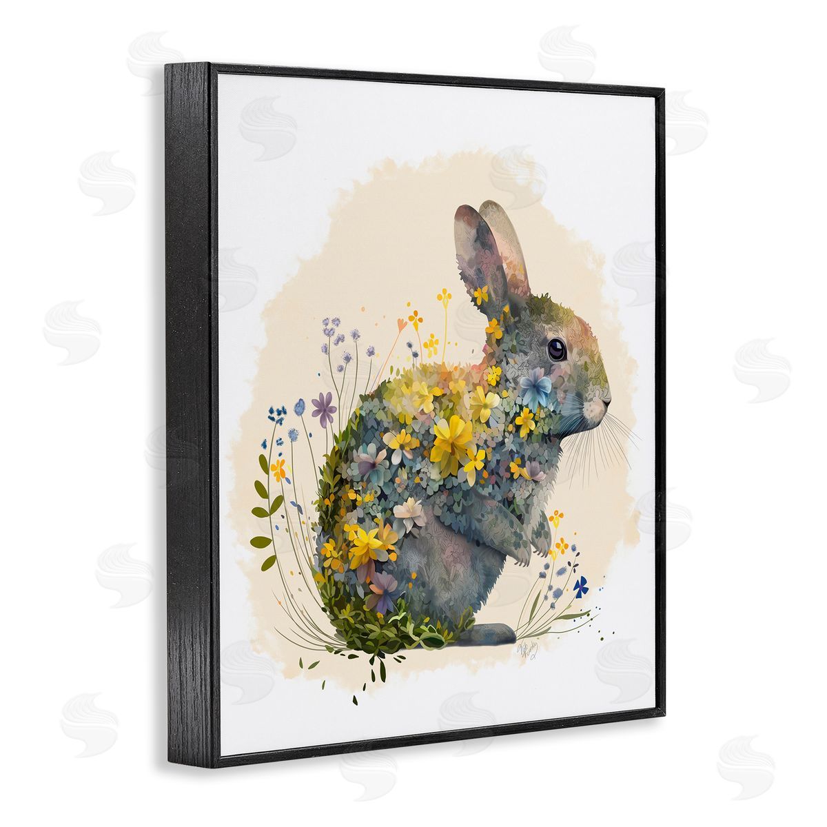 Rabbit with Buttercup Flowers Black Frame Print Wall Art, Home Decor by Fab Funky