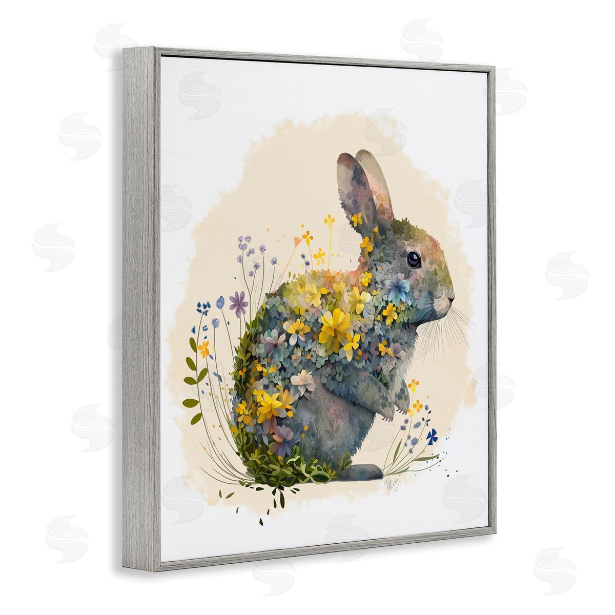 Rabbit with Buttercup Flowers Grey Frame Print Wall Art, Home Decor by Fab Funky