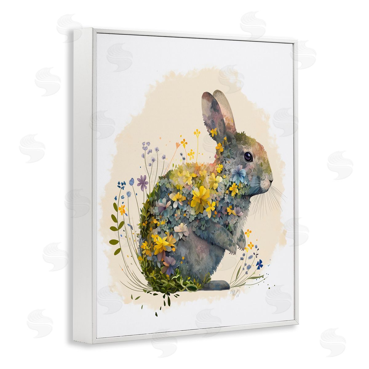 Rabbit with Buttercup Flowers White Frame Print Wall Art, Home Decor by Fab Funky