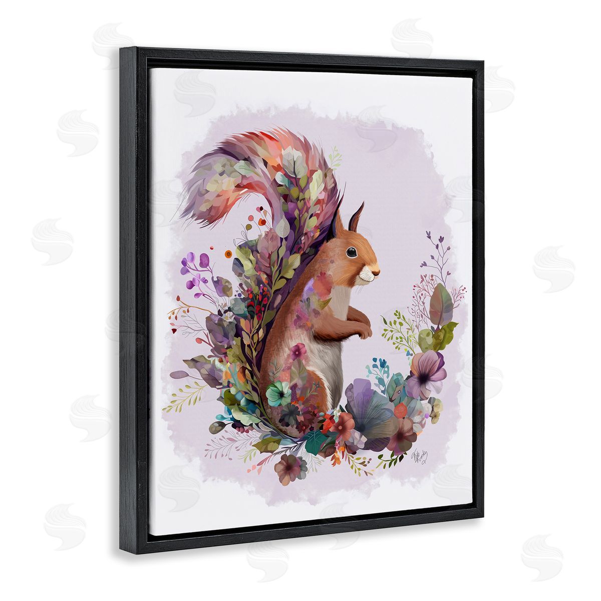 Squirrel and Floral Garland Black Floating Frame Canvas Wall Art, Home Decor by Fab Funky