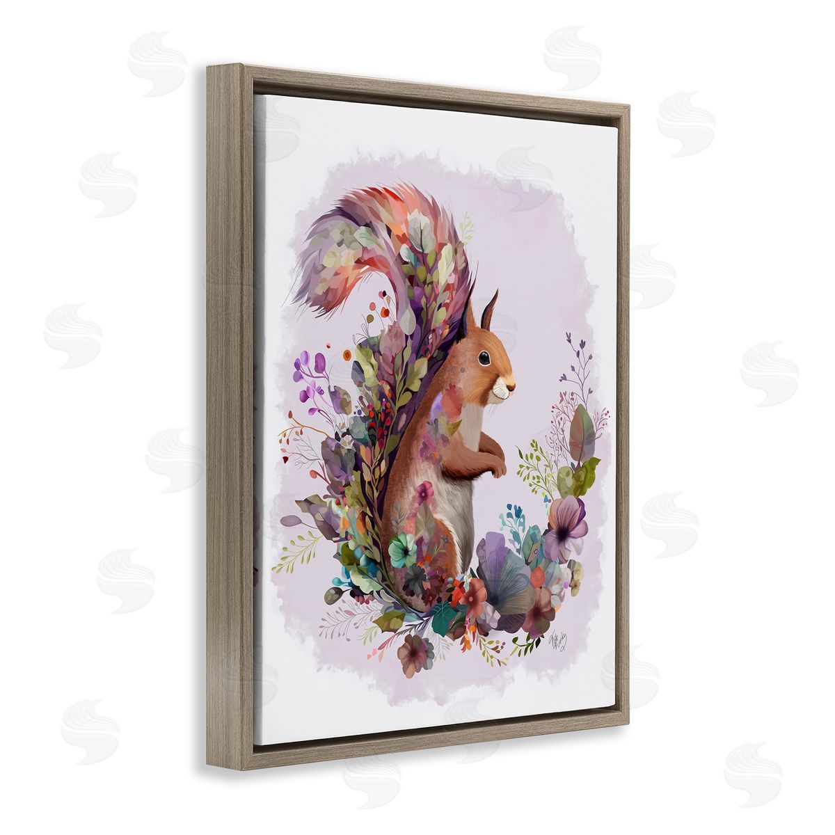Squirrel and Floral Garland Brown Floating Frame Canvas Wall Art, Home Decor by Fab Funky