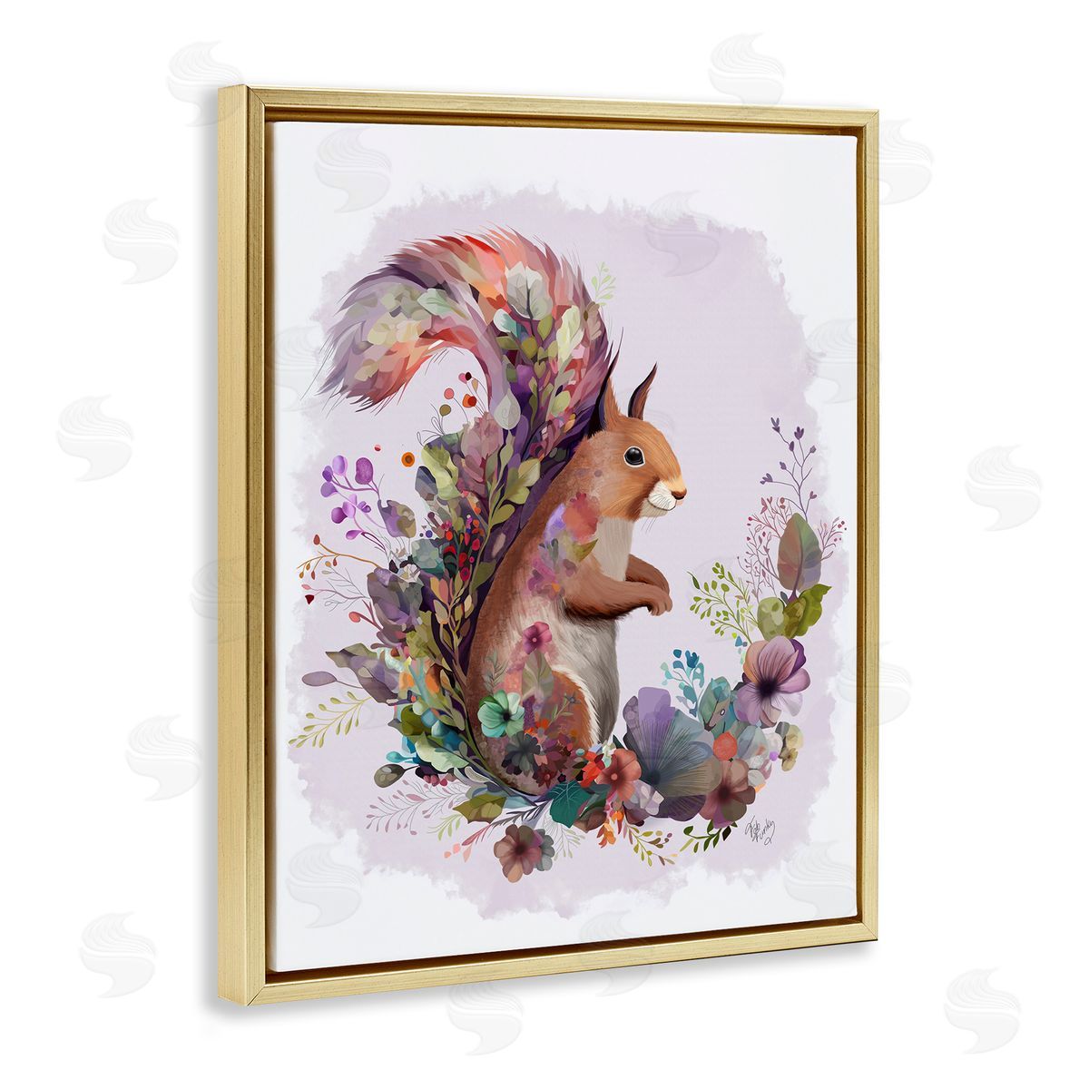 Squirrel and Floral Garland Gold Floating Frame Canvas Wall Art, Home Decor by Fab Funky