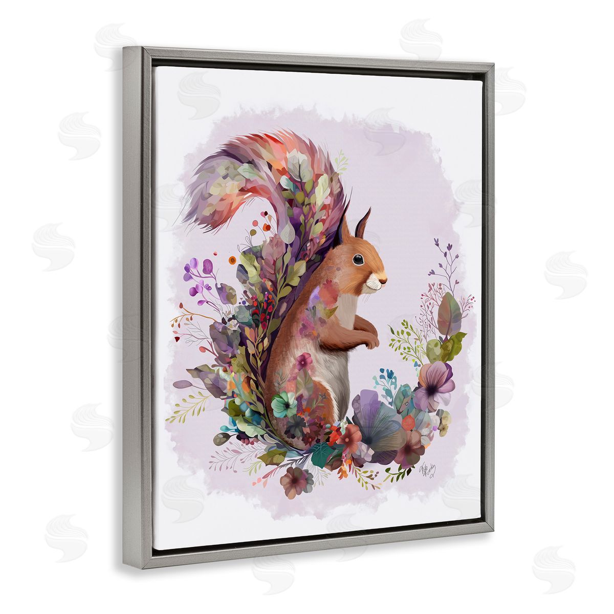 Squirrel and Floral Garland Grey Floating Frame Canvas Wall Art, Home Decor by Fab Funky