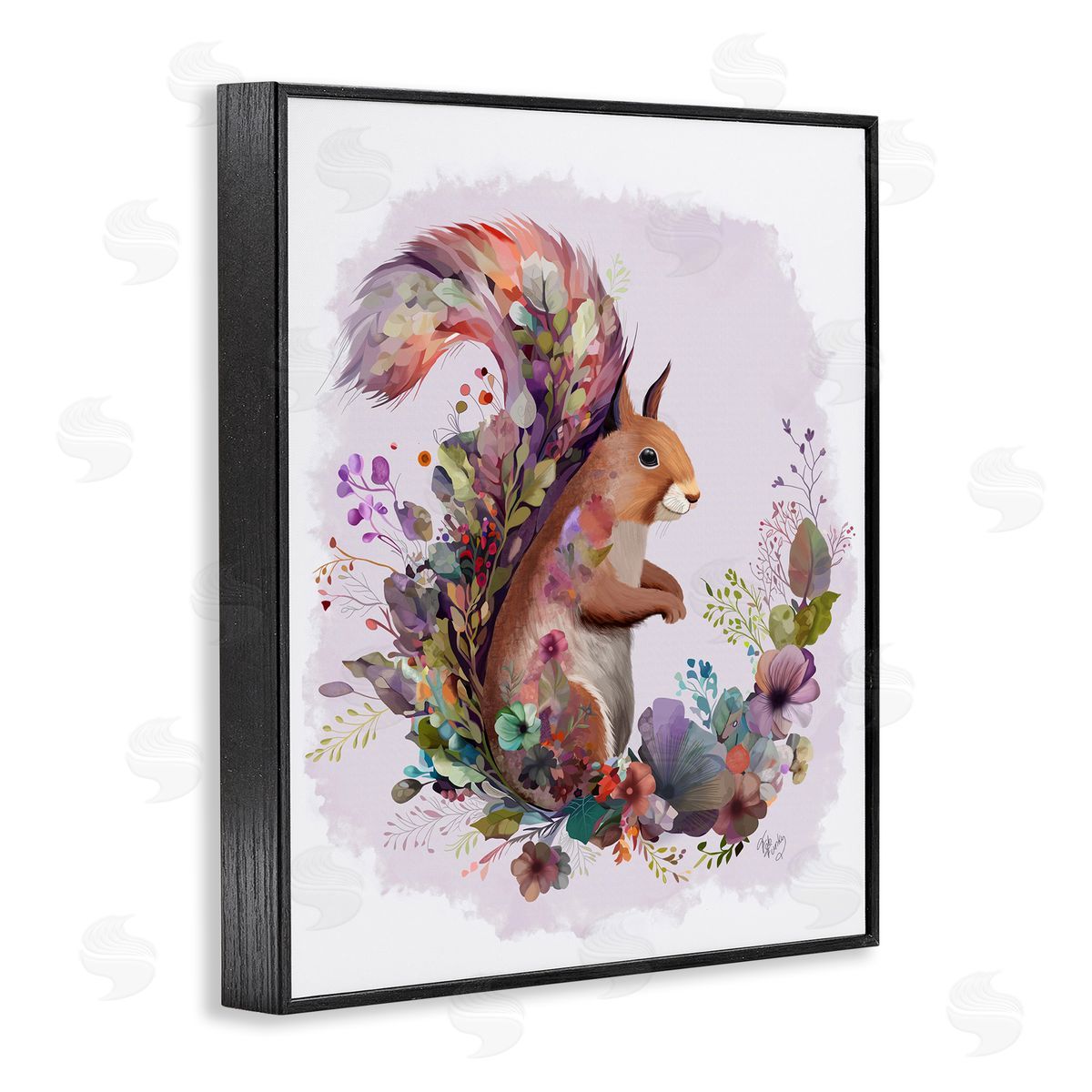 Squirrel and Floral Garland Black Frame Print Wall Art, Home Decor by Fab Funky