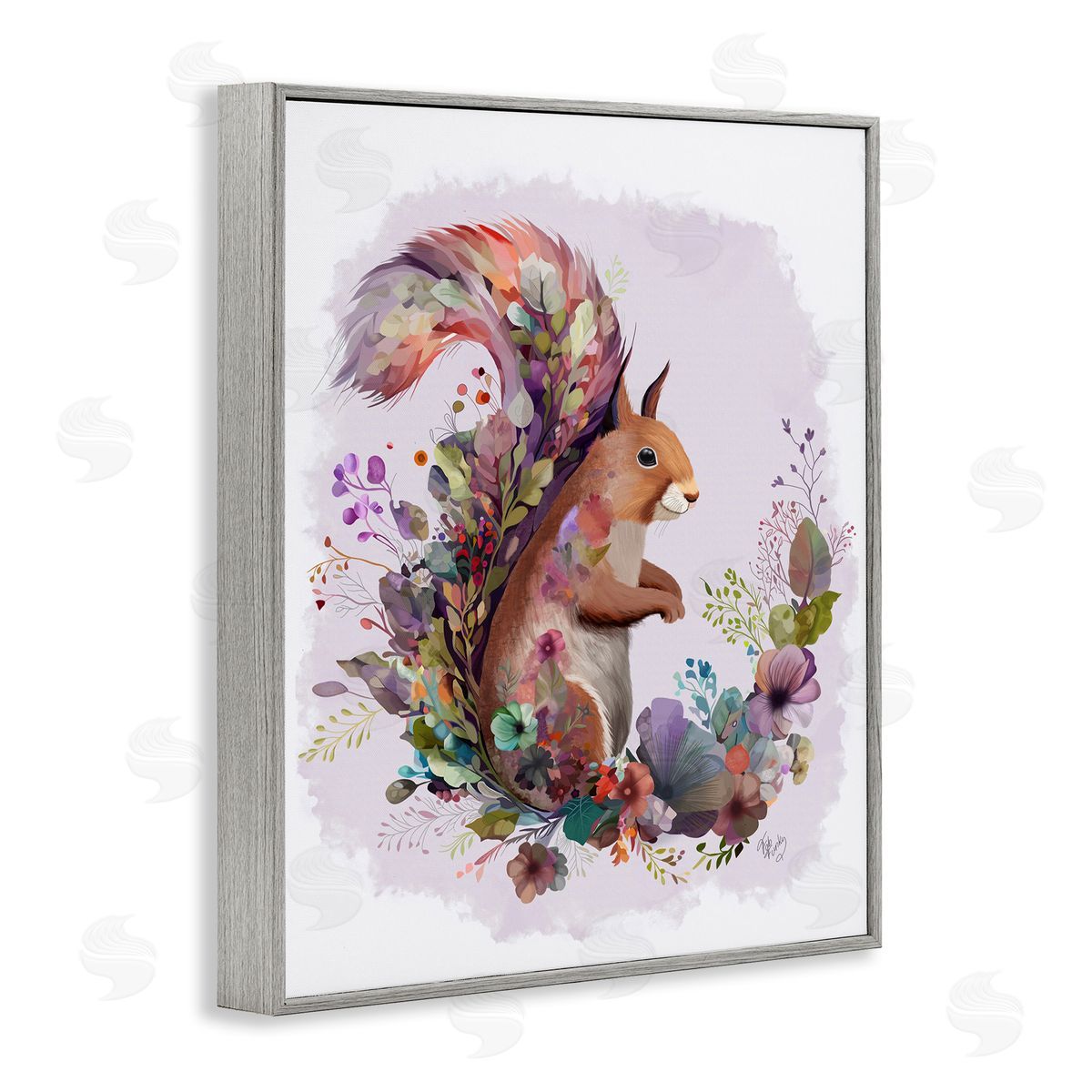Squirrel and Floral Garland Grey Frame Print Wall Art, Home Decor by Fab Funky